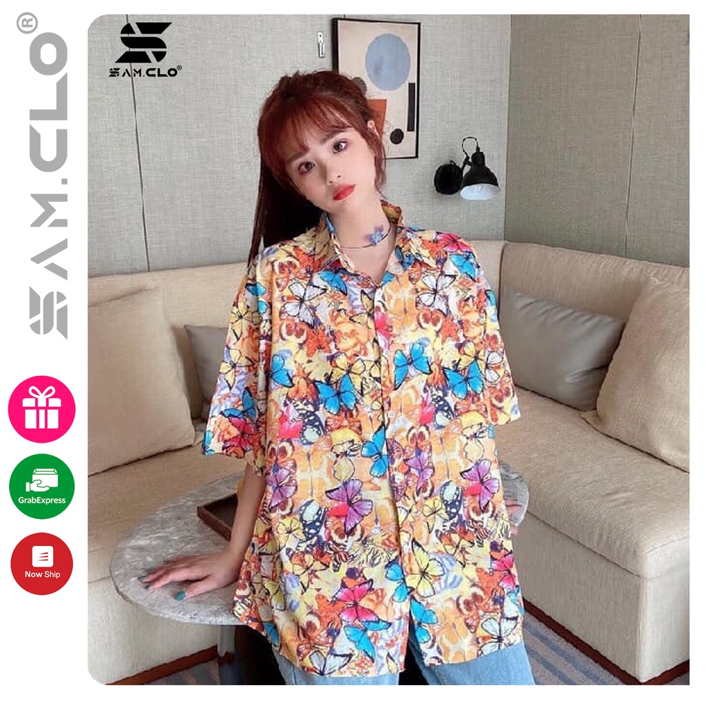 Áo SƠ MI NỮ form rộng in 3D cổ bẻ tay ngắn - lỡ dáng ulzzang freesize unisex mặc cặp, nhóm in hình ĐÀN BƯỚM COLORFUL