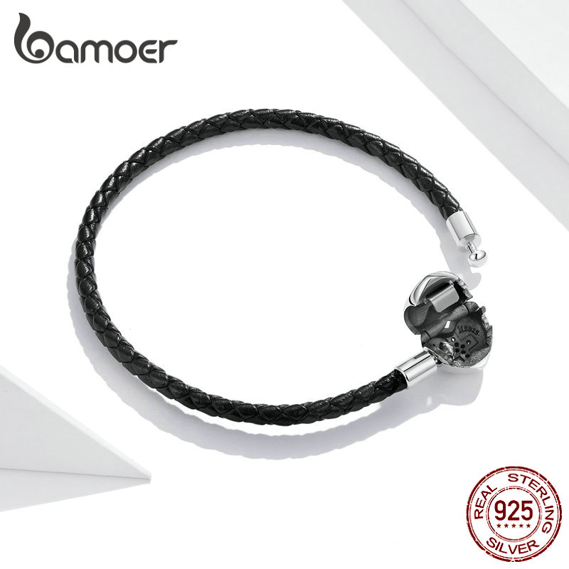 Vòng Tay Bamoer SCB205 Bằng Da Thật & Bạc Thật 925 Bạch Kim Mặt Thánh Giá Khảm Đá Zircon Thời Trang Cho Nữ