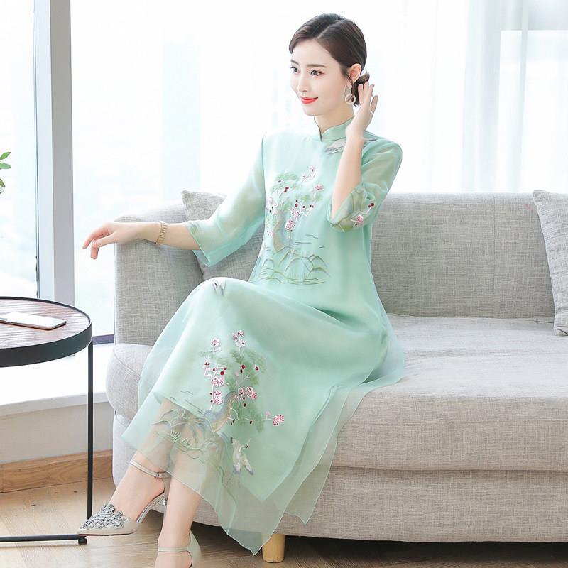 Embroidered dress female summer new style ethnic style improved cheongsam dress temperament retro mid-length skirt