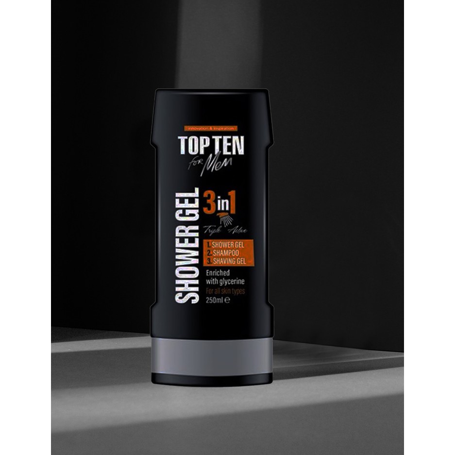 Sữa Tắm Top Ten For Men 3In1 Shower Gel &amp; Shampoo &amp; Shaving Gel Dạng Gel Gội, Tắm &amp; Cạo Râu 250ml
