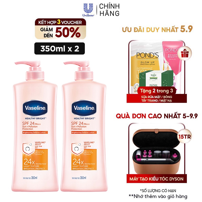 Combo 2 Sữa dưỡng thể chống nắng và dưỡng sáng SPF24 PA++VASELINE Healthy Bright Sun + Pollution Protection 350ML/chai