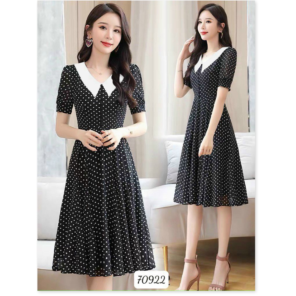 ĐẦM XÒE NỮ CHẤM BI PHỐI CỔ LÁ SEN DUYÊN DÁNG LỊCH THIỆP ĐỦ SIZE S M L XL XXL