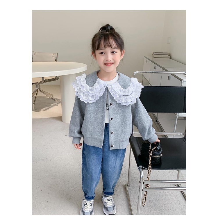 Áo khoác cardigan nỉ màu xám phối ren trắng cho bé gái  N01262