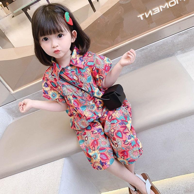 Bộ áo liền quần tay ngắn họa tiết hoa phong cách Hàn Quốc thời trang mùa hè cho bé gái