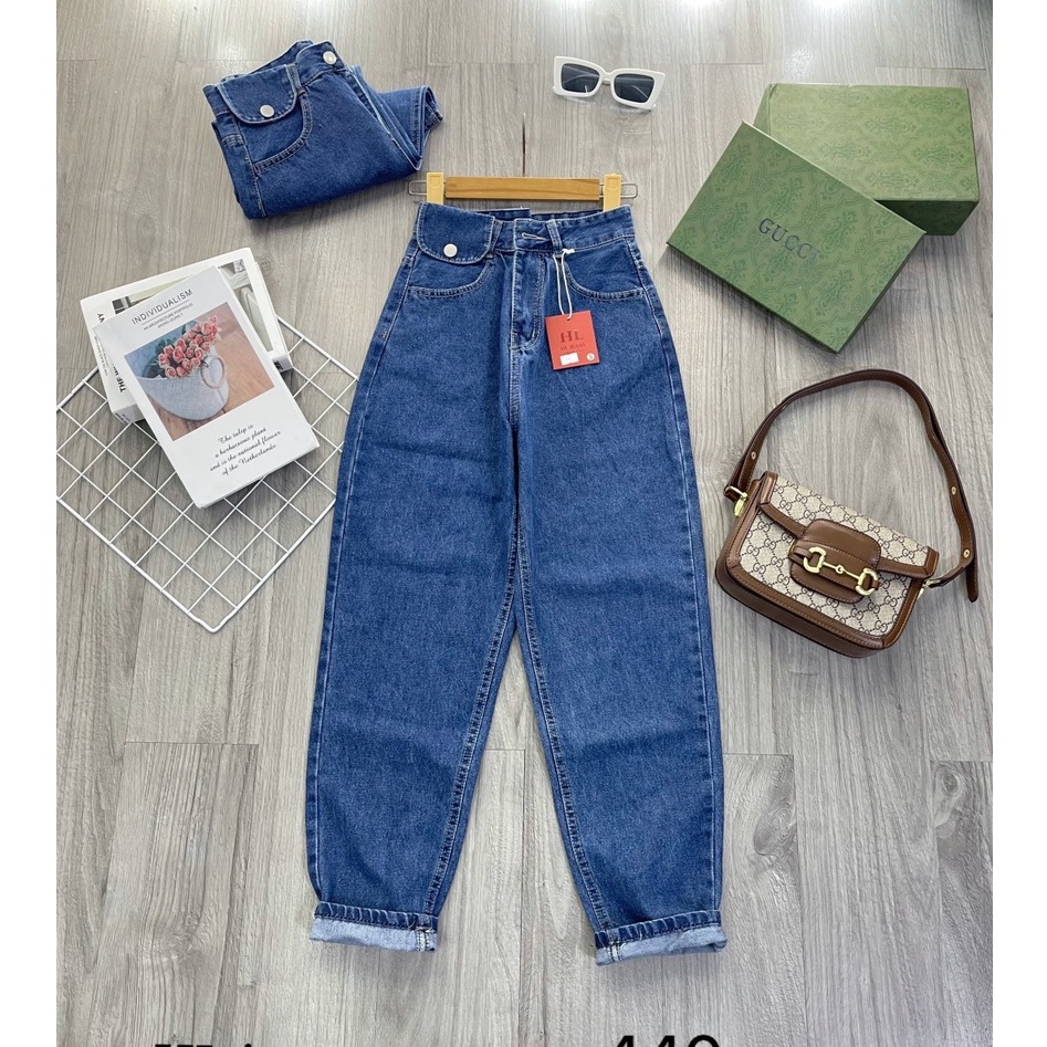 Quần Jean Baggy nữ túi nắp cạp cao lai cuốn 2 màu Xanh đậm/ Xanh nhạt - Xưởng may LT77