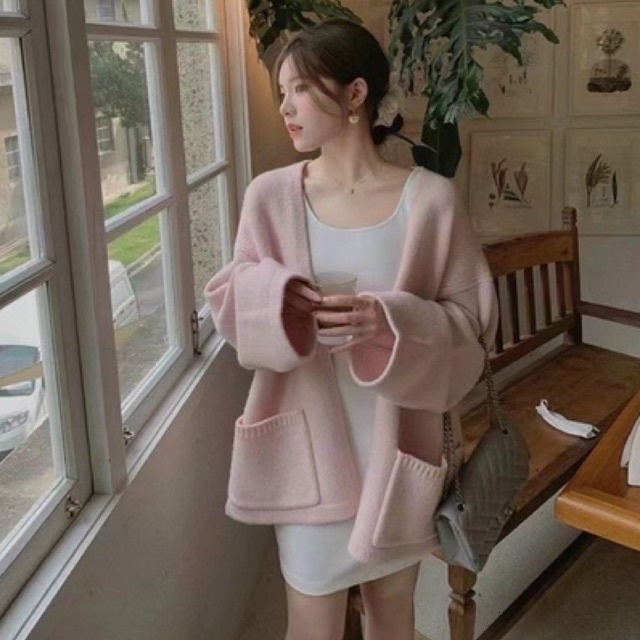 Áo Cardigan Trơn 2 Túi Không Cúc Áo Khoác Len Màu Trơn Hàn Quốc