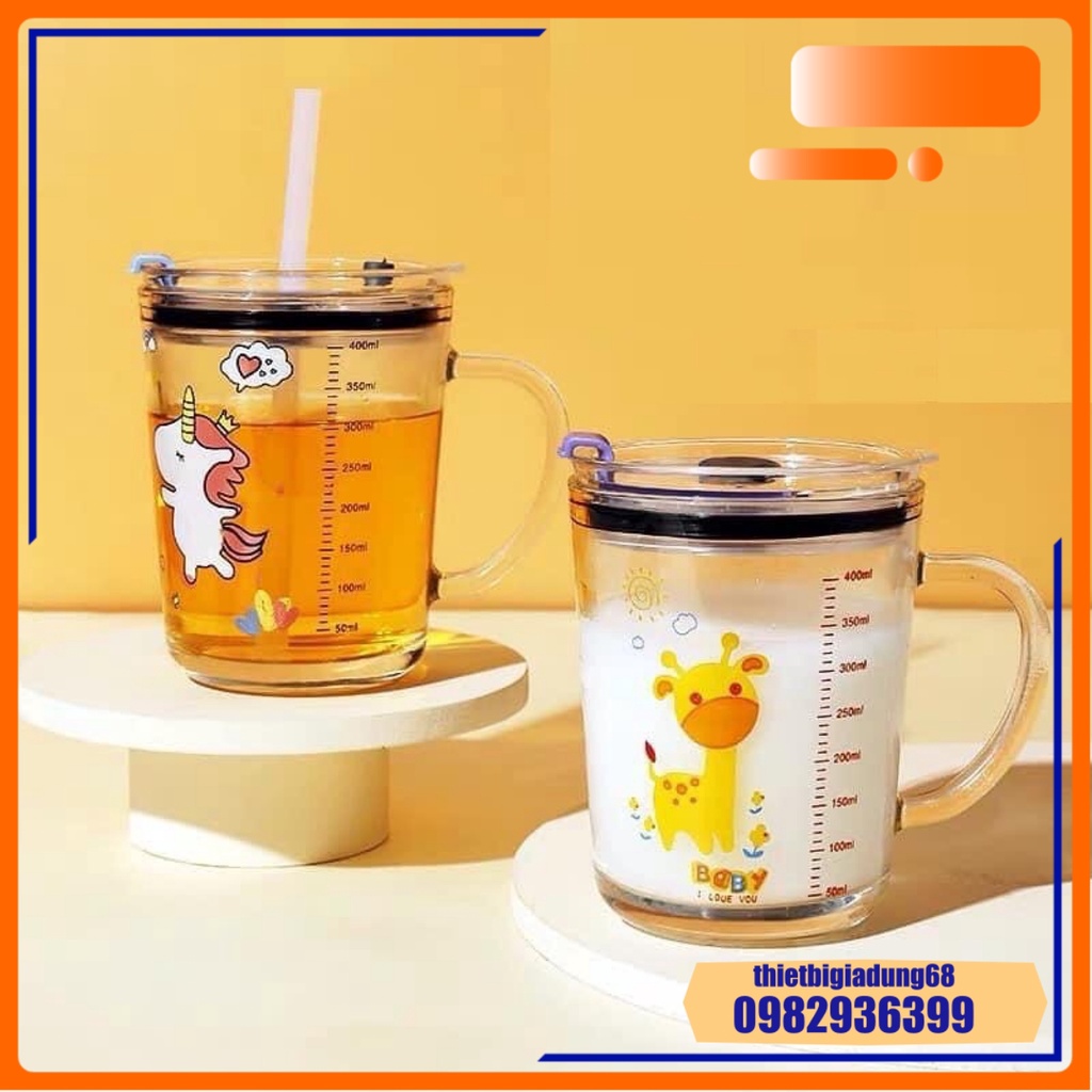Cốc Chia Vạch Thủy Tinh 350ml Có Nắp Kín Chống Đổ Kèm Ống Hút Silicon, Ly Chia Vạch Định Lượng Nước Pha Đồ Uống Tiện Lợi