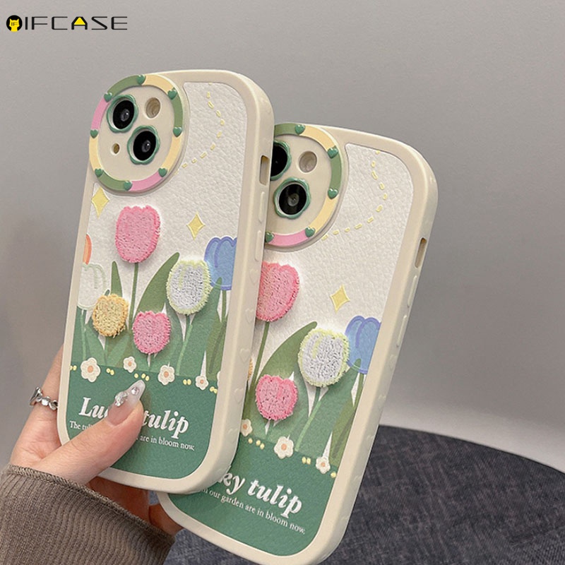 Ốp Điện Thoại Da Thêu Hình Hoa Tulip Cho iPhone 14 Plus 14 13 12 11 Pro Max XS Max XR X