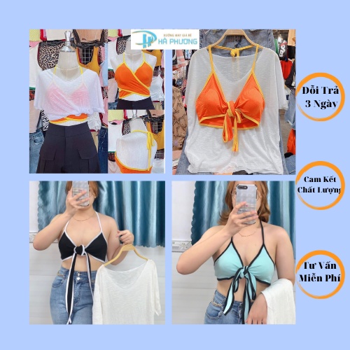 set áo croptop from rộng kèm áo mút ngực cột nơ hở lưng đi biển, áo kiểu nữ hai dây bảng to hàn quốc sexy đủ màu dễ mặc