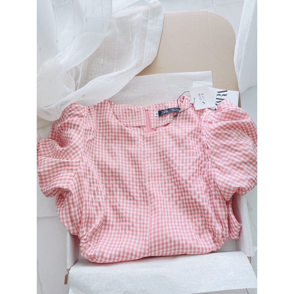 VÁY THIẾT KẾ KẺ CARO HỒNG TRẮNG RÚT EO TAY BỒNG ZARA