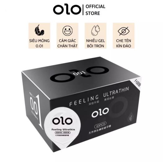 Bao cao su OLO đen FEELING ULTRATHIN chính hãng siêu mỏng, nhiều gel hương vani hộp 10pcs Olo Officia
