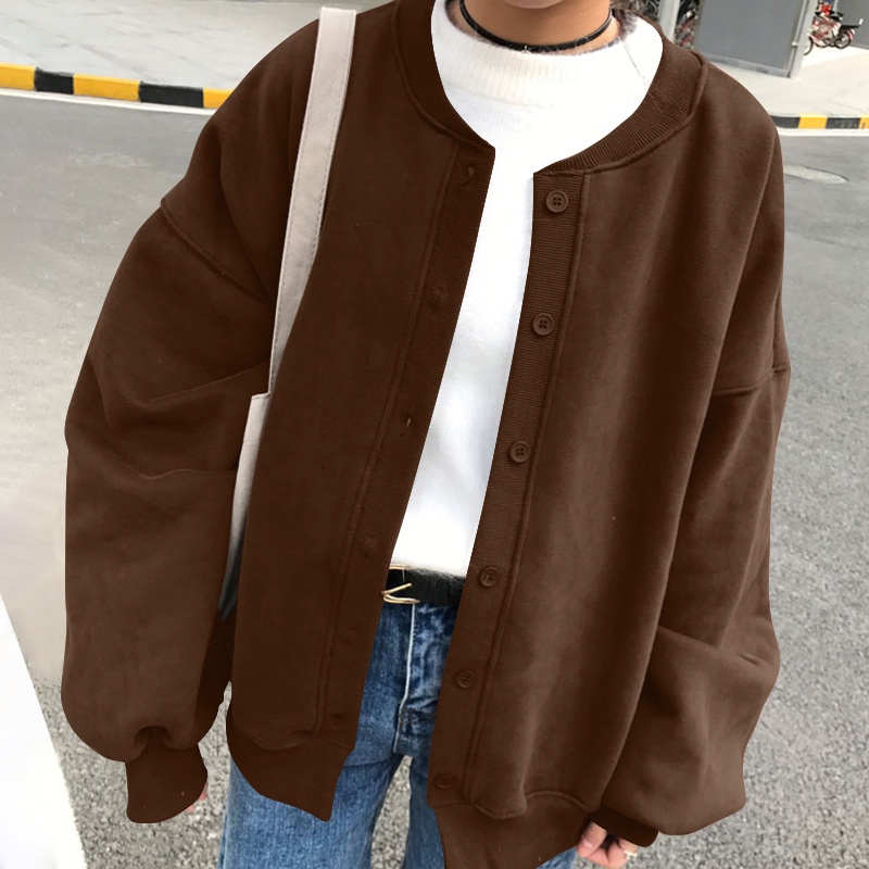 Áo khoác ZANZEA dáng rộng và dài thiết kế tay phồng cổ tròn màu trơn thời trang cho nữ