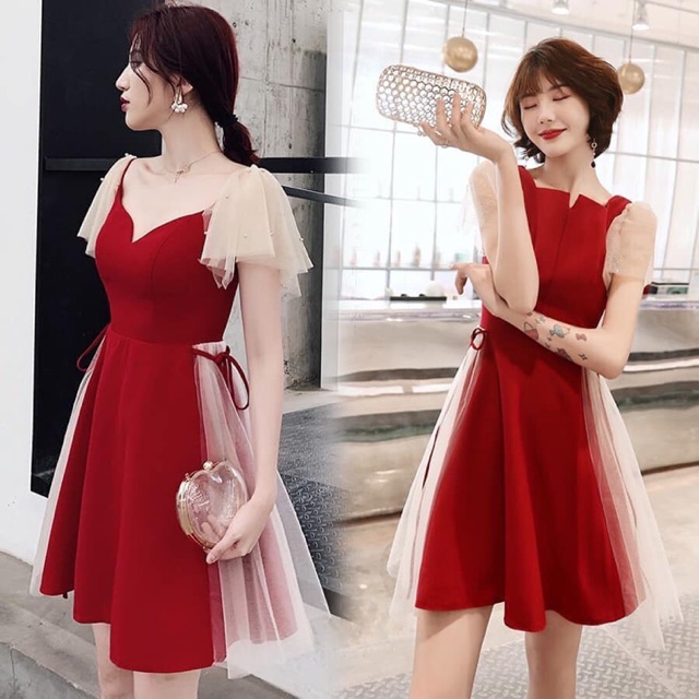 Váy xoè cúp ngực phối lưới cho người béo mập
