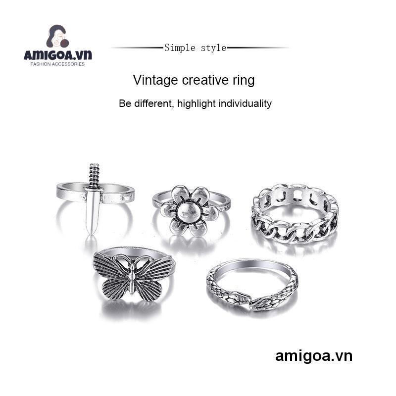 【amigoa.vn】 Set 5 Nhẫn Hình Rắn/Bướm/Cá Sấu Retro Đơn Giản Sáng Tạo Cho Nữ