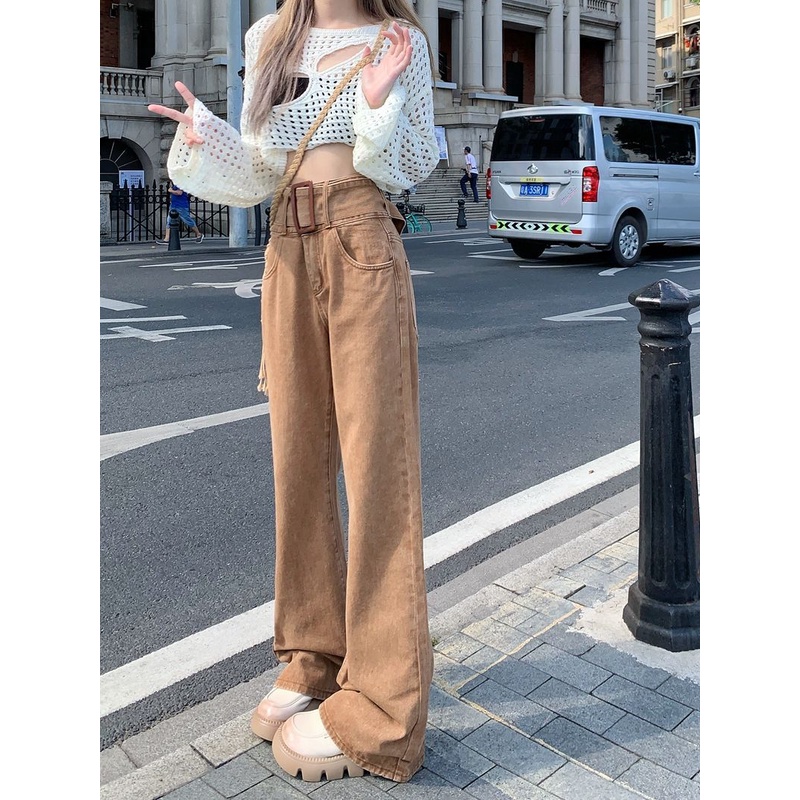 Jiashucheng Quần Jean Dài Lưng Cao Ống Rộng Thời Trang Mùa Thu Cá Tính Cho Nữ