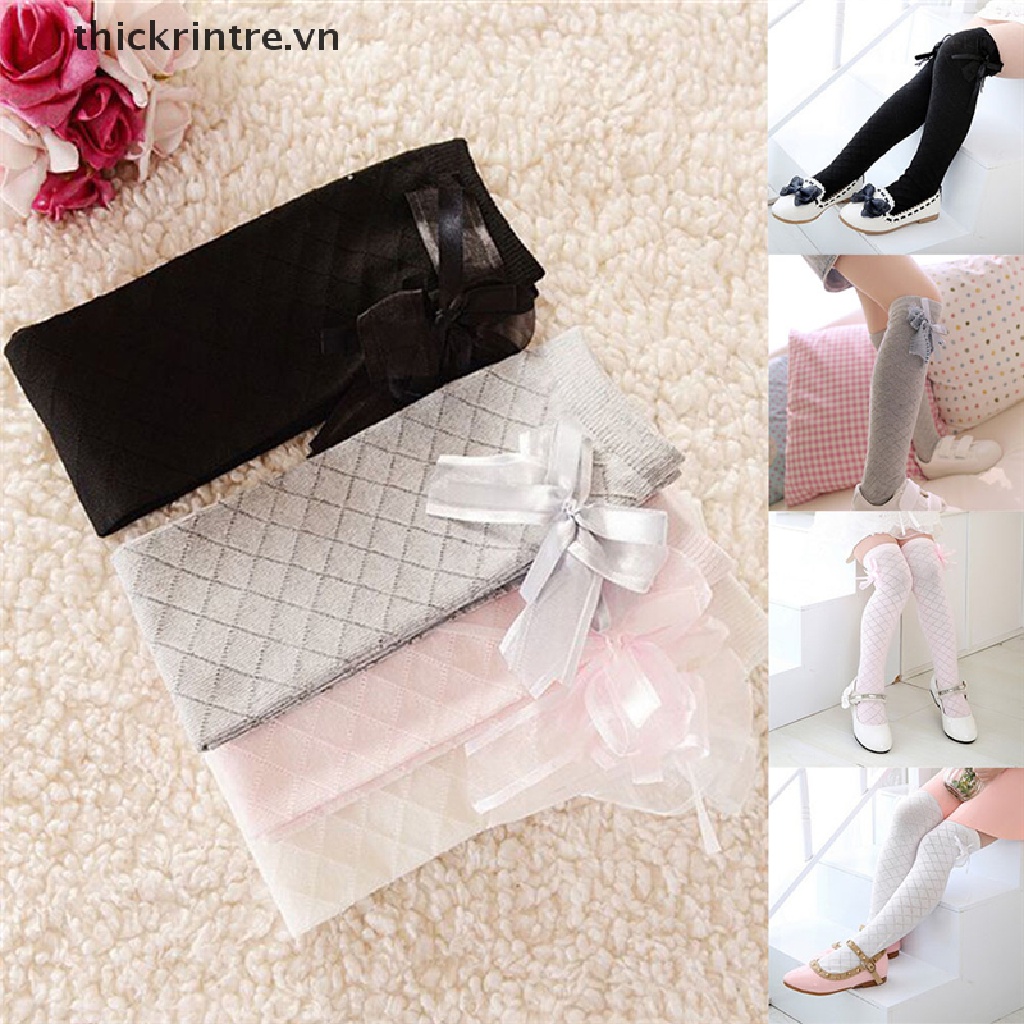 Đôi Tất Chân Cotton Cao Qua Gối Đính Nơ Dễ Thương Cho Bé Gái