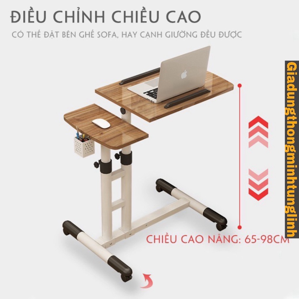 Bàn Laptop dế yêu thông thái nâng hạ độ dài - Mặt bàn điều khiển độ nghiêng kèm giỏ bút, có bánh xe di chuyển