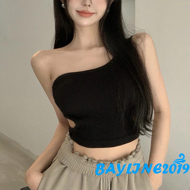 BAY-Women One Shoulder Crop Tops, Ribbed Solid Color Cutout Waist Slim Fit Sleeveless Vest Camisole
