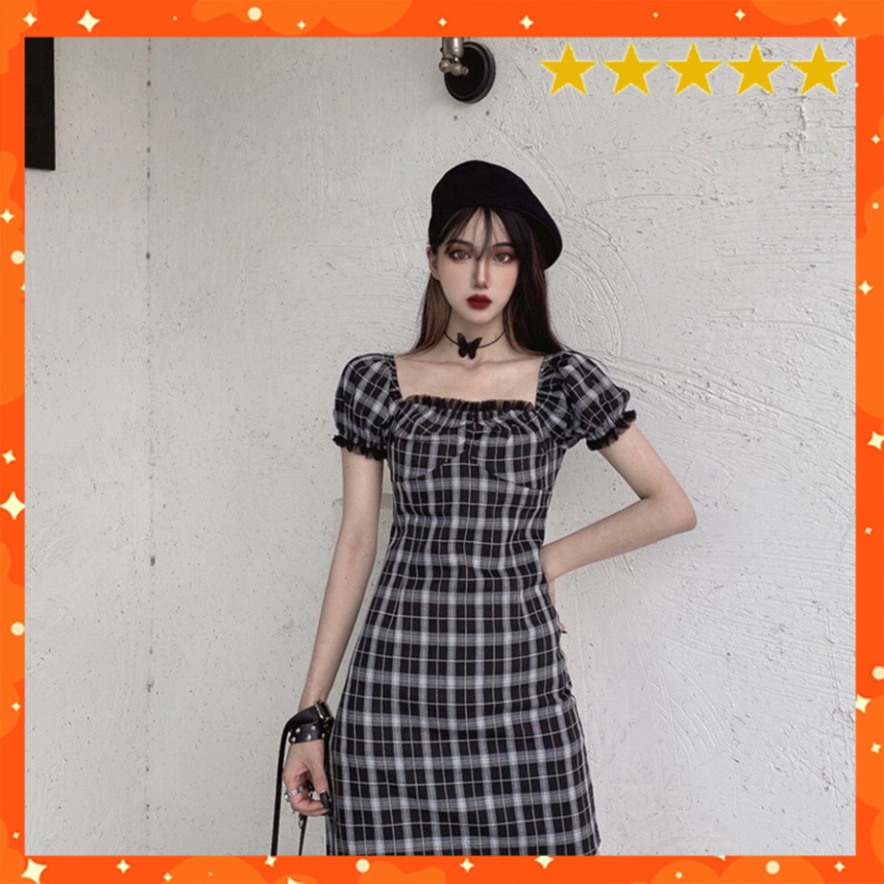 Váy Xinh Đi Học Đi Chơi ✔ Đầm Kẻ Caro Trễ Vai Đen Dáng Chữ A Tay Bồng Viền Bèo Ngực ✨ Váy Caro Kẻ Đen Cổ Vuông Ulzzang