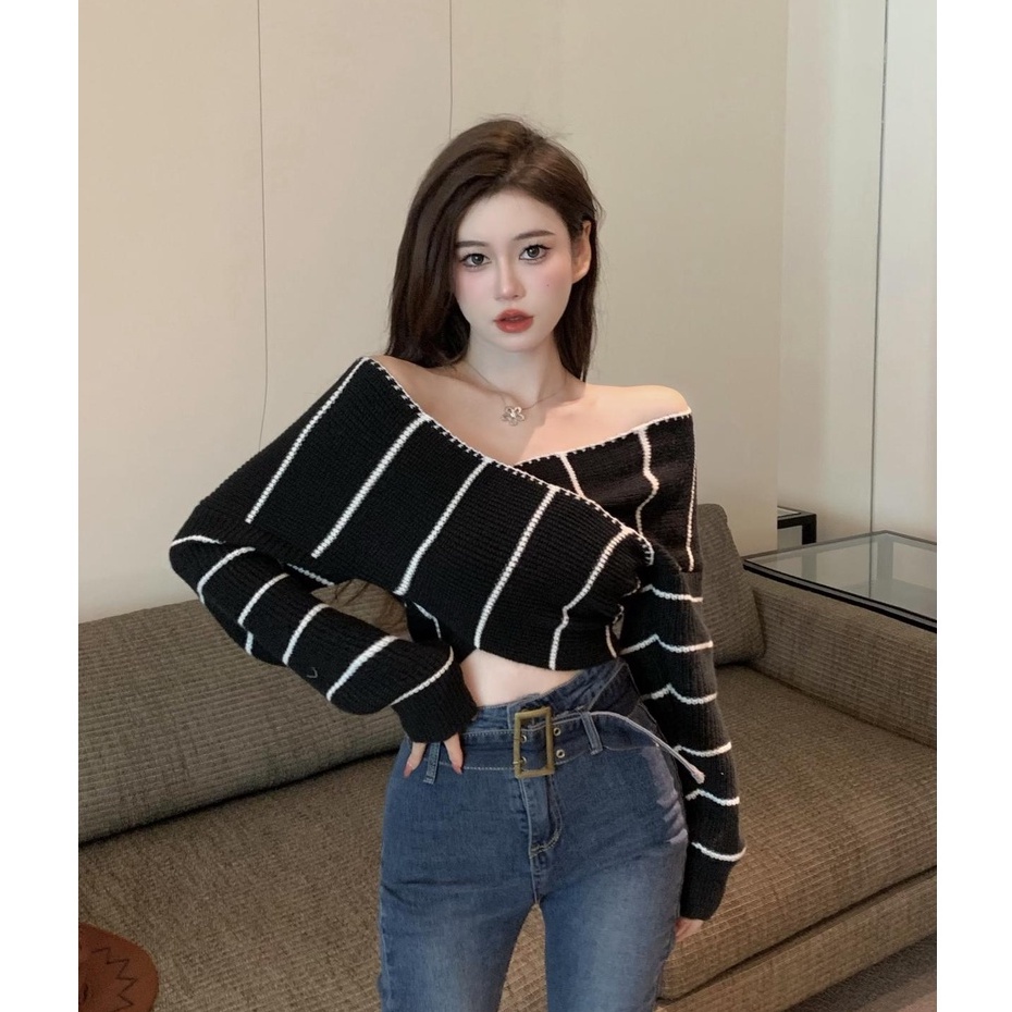 QADCOL  Áo sweater Dệt Kim Trễ Vai Dáng Ngắn Thời Trang Mùa Thu Quyến Rũ Cho Nữ