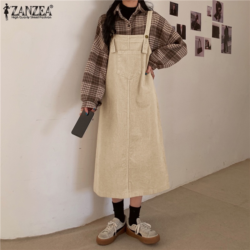 Yếm ZANZEA màu trơn dáng dài không tay cổ vuông vải nhung sọc nổi phong cách vintage thời trang dành cho nữ
