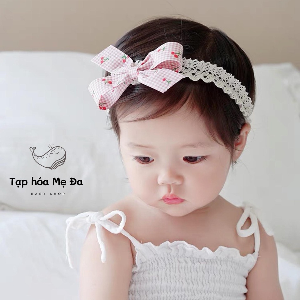 Băng đô/turban ren đính nơ vải hoa văn vintage xinh xắn cho bé phong Hàn Quốc mềm mại, co giãn tốt