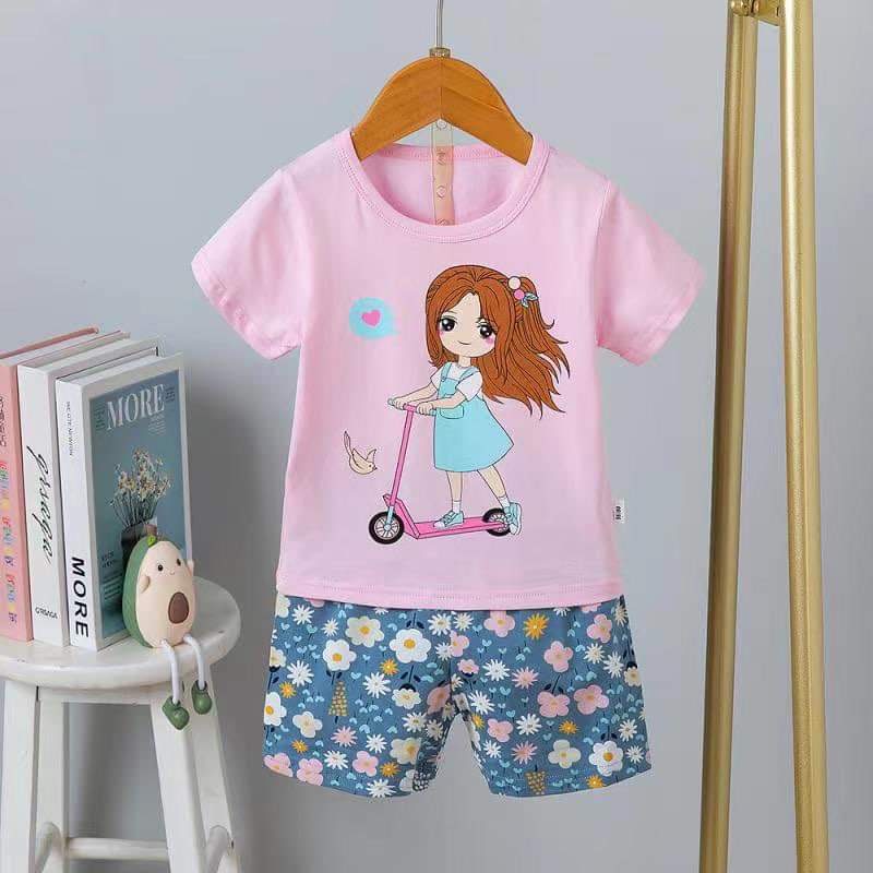 Bộ quần áo trẻ em - Bộ cotton cộc tay xuất Hàn cho bé gái