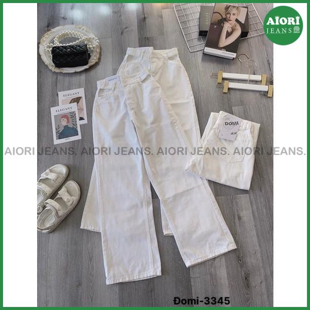 Quần Jeans Nữ Ống Rộng Aiori Cạp Cao Lưng Kiểu Khoét Eo Màu Trắng_Mã 3345