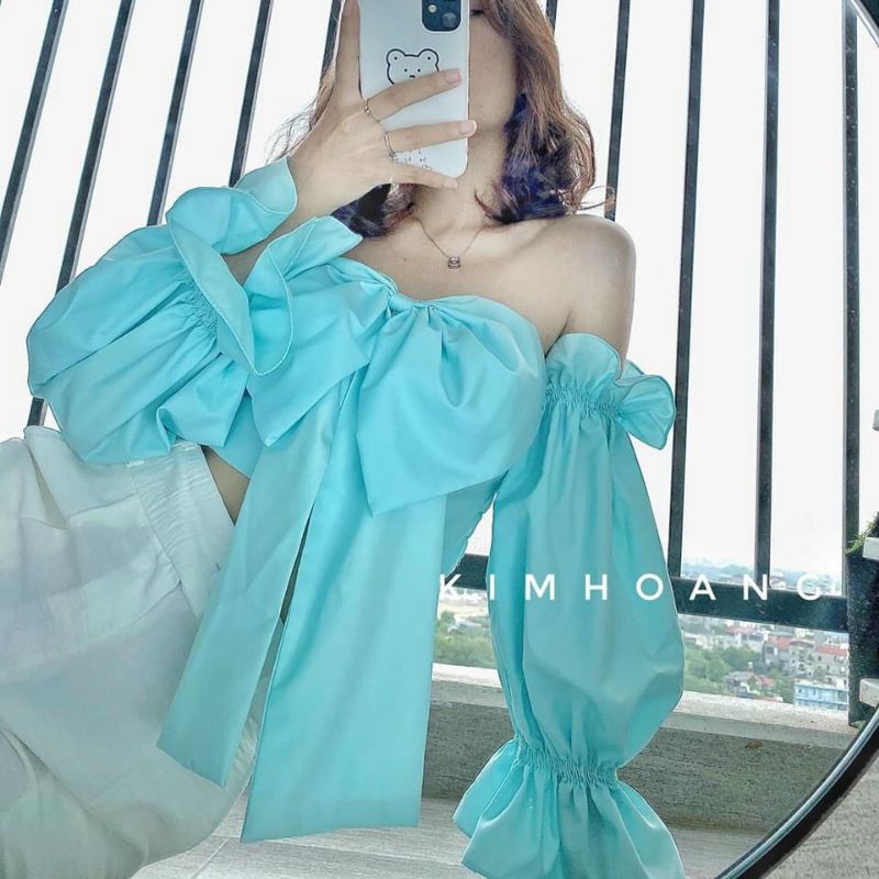 Áo croptop trễ vai nơ ngực tay phồng