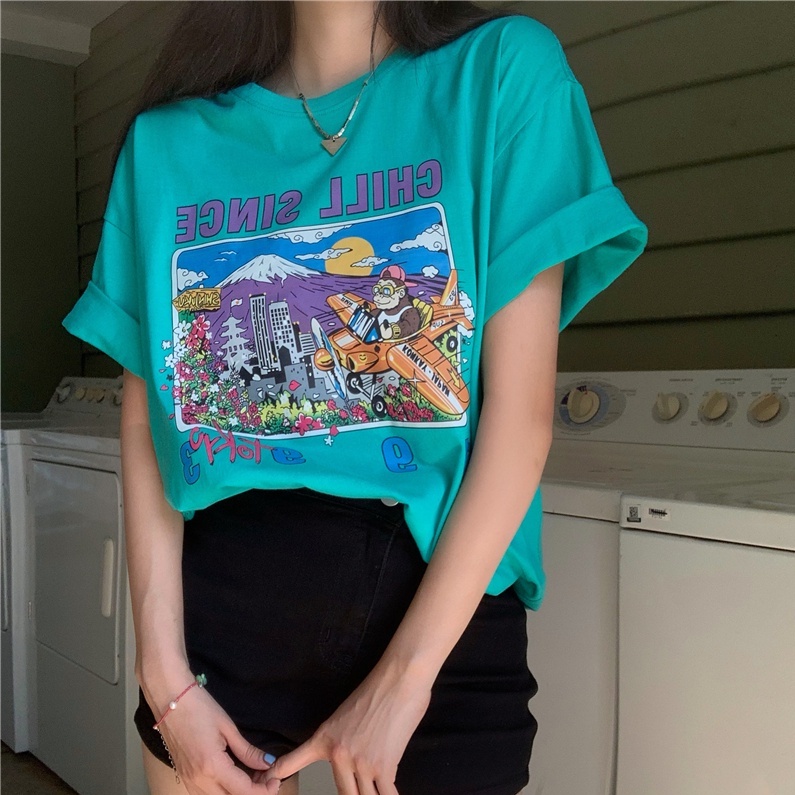 Áo Thun Cotton Nguyên Chất Ngắn Tay Dáng Rộng In Hình Truyện Tranh Phong Cách Mới Mùa Hè 533