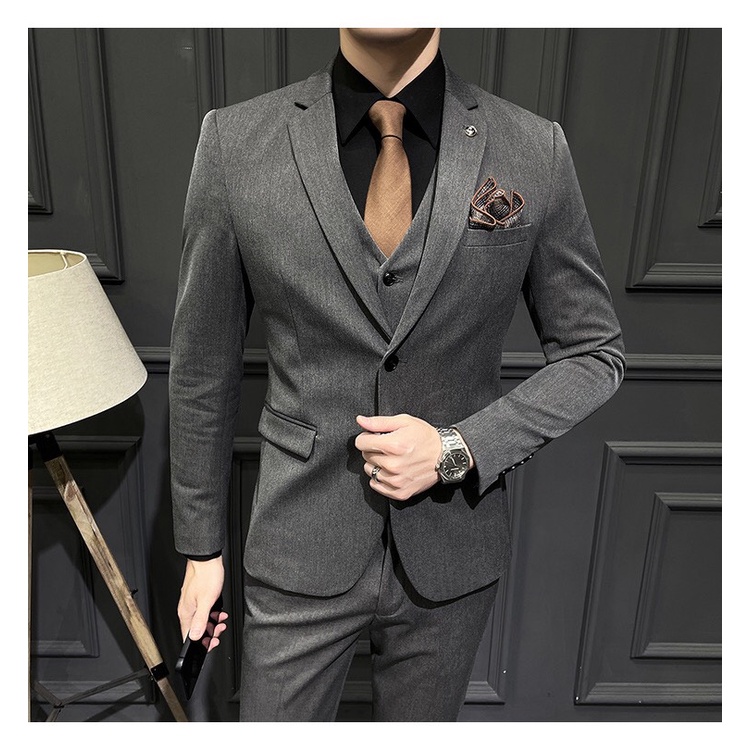 Bộ comle bộ vest nam 3 mảnh màu ghi hàng Quảng Châu cao cấp