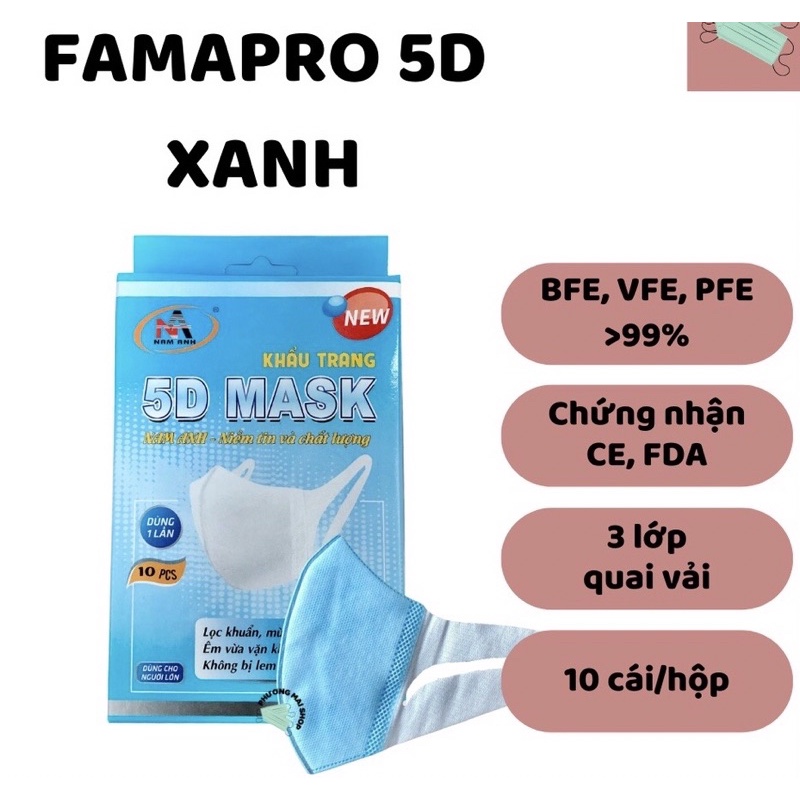 Set 50 cái khẩu trang 5d famapro quai vải ,khẩu trang 5d mask Nam Anh (10 cái/hộp)
