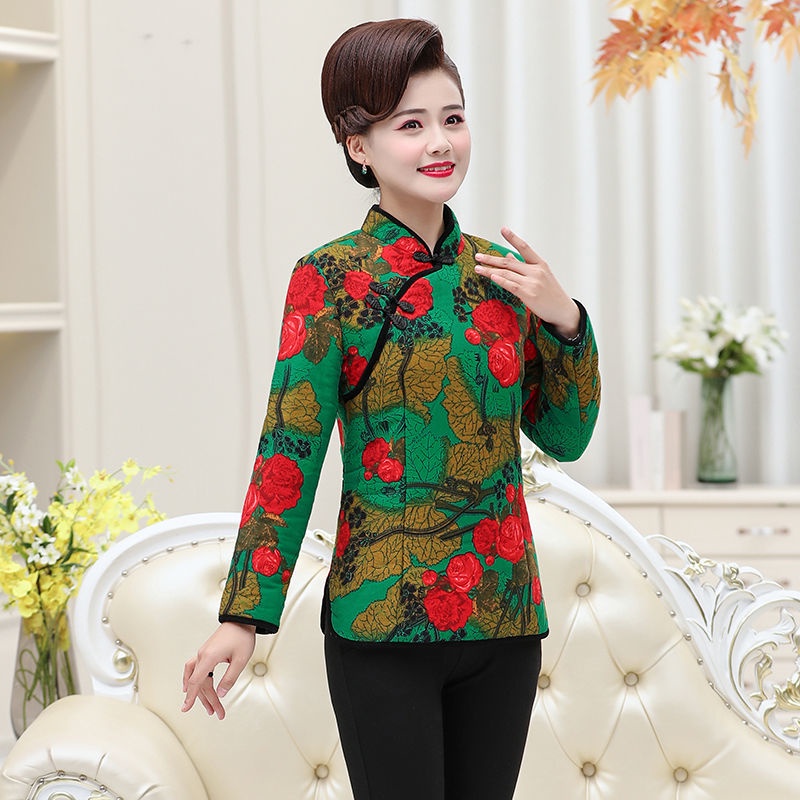 Sườn Xám Tay Dài Chất Liệu Cotton Giữ Ấm Mùa Thu Đông Cho Phụ Nữ Trung Niên