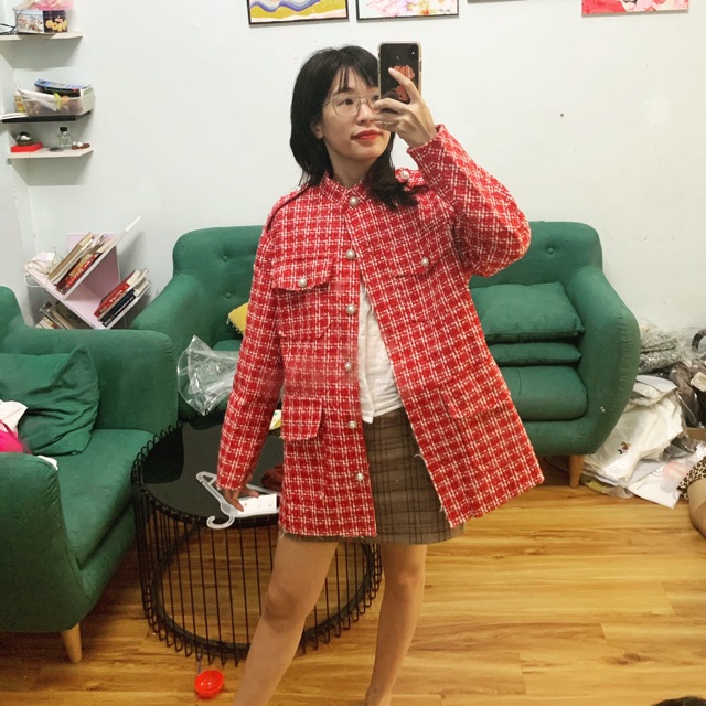 Có sẵn: Áo khoác dạ Tweed đỏ oversize 2 lớp