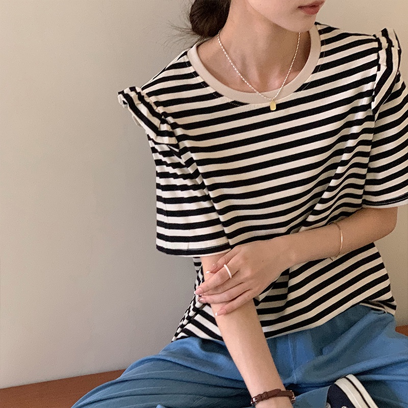 Áo Thun Tay Ngắn Cổ Tròn Dáng Rộng Kẻ Sọc Phong Cách Hàn Quốc Thời Trang Mùa Hè 52608