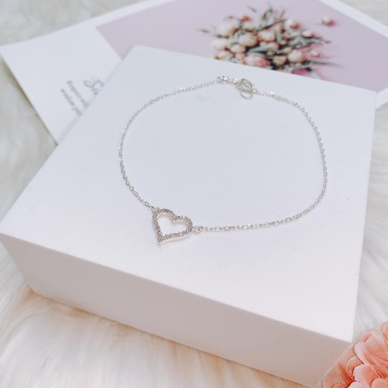 Lắc chân bạc nữ 925 cao cấp hình mặt tim đính đá