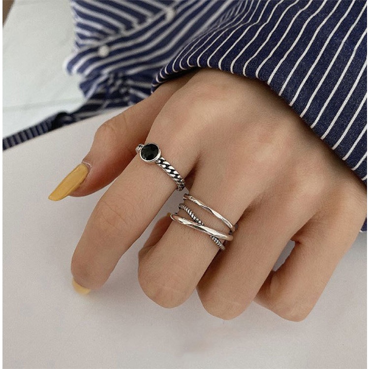 Nhẫn Đính Đá Đen / Bạc Phong Cách Cổ Điển Thời Trang Có Thể Điều Chỉnh Sáng Tạo Dành Cho Nữ