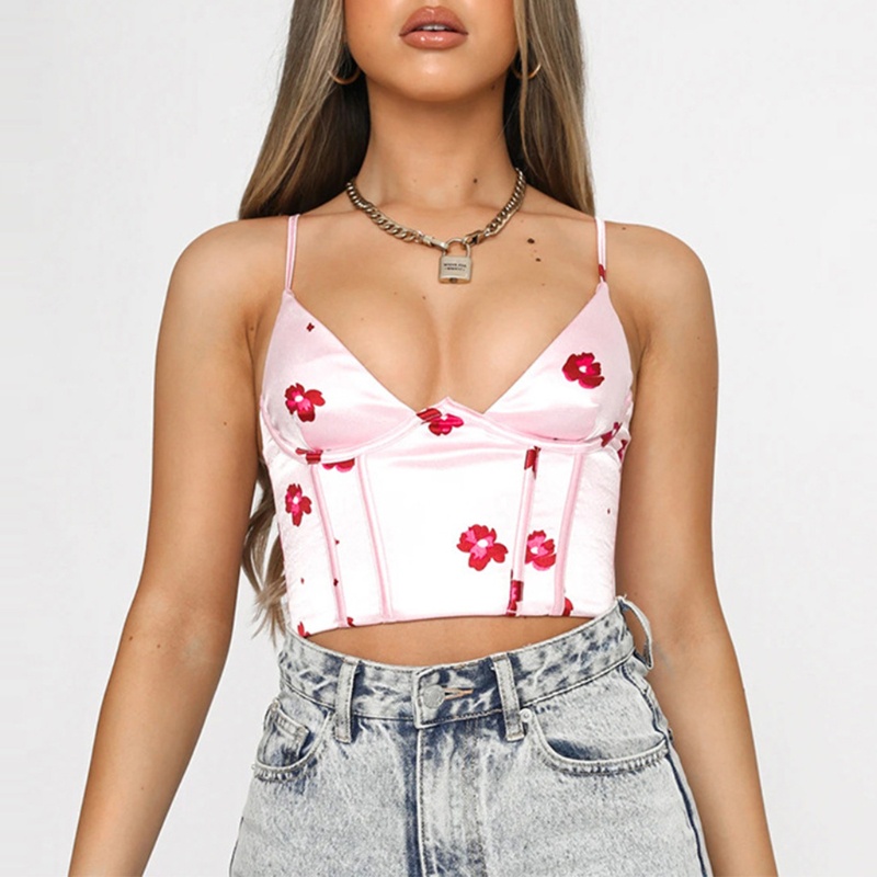 Áo Croptop Hai Dây Cổ Chữ V Khoét Sâu In Họa Tiết Hoa Phong Cách Vintage Quyến Rũ