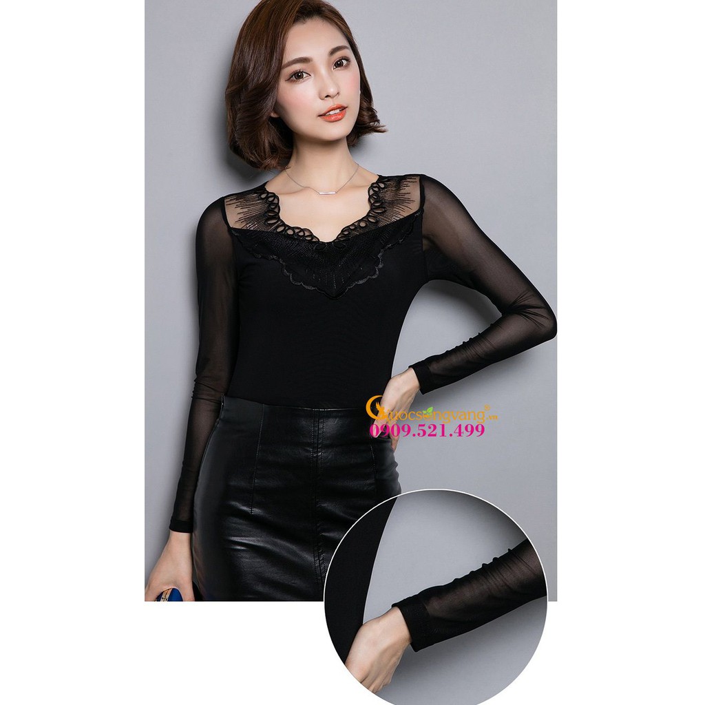 Áo nữ áo thun nữ dài tay dáng ôm cổ phối ren GLA076 Cuocsongvang