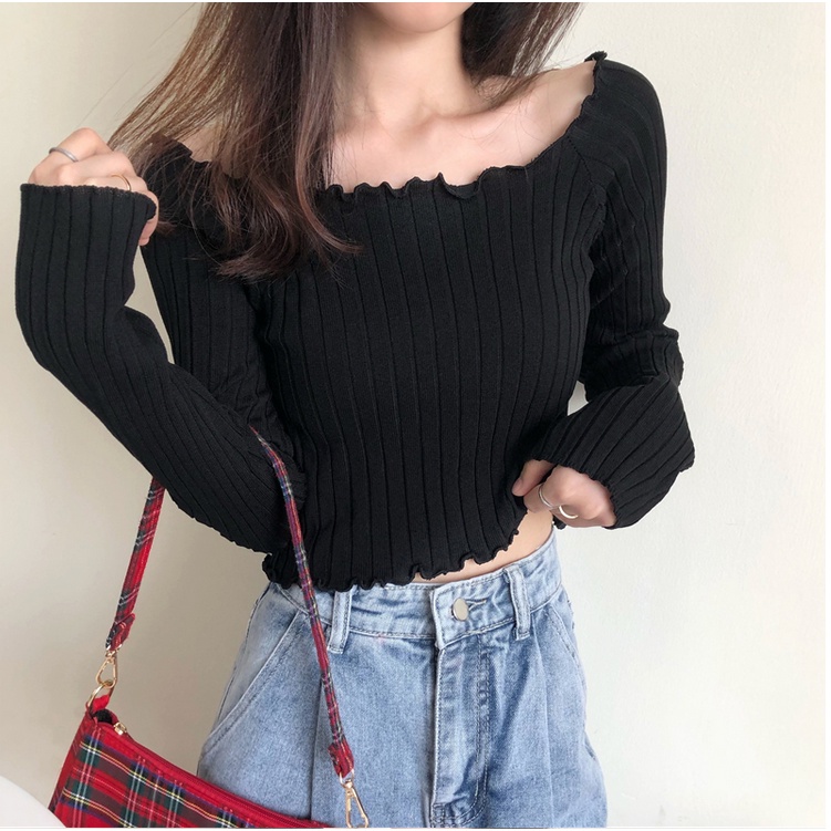 Áo Croptop Sweater Dài Tay Với Thiết Kế Hở Eo Xinh Xắn Dành Cho Nữ 9308