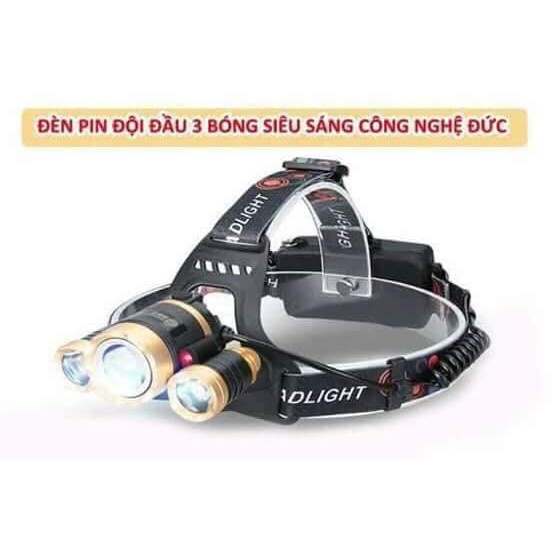 Đèn Pin LED 3 BÓNG 2 Pin Sạc Đội Đầu Siêu Sáng Chống Nước