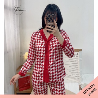 Bộ mặc nhà Pyjama chất lụa Tea Store áo dài quần dài họa tiết zigzag 4 màu cổ V