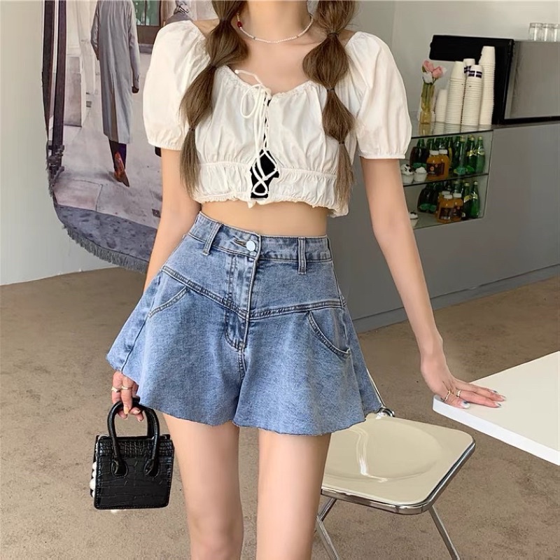 Quần Short Jeans Nữ Giả Váy Dáng Xoè Ống Rộng Cạp Cao Mẫu Mới Summer 2022