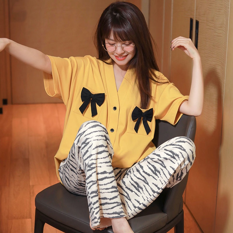 Bộ đồ ngủ ngắn tay chất cotton mỏng thời trang mùa xuân hè thu ngọt ngào dành cho nữ