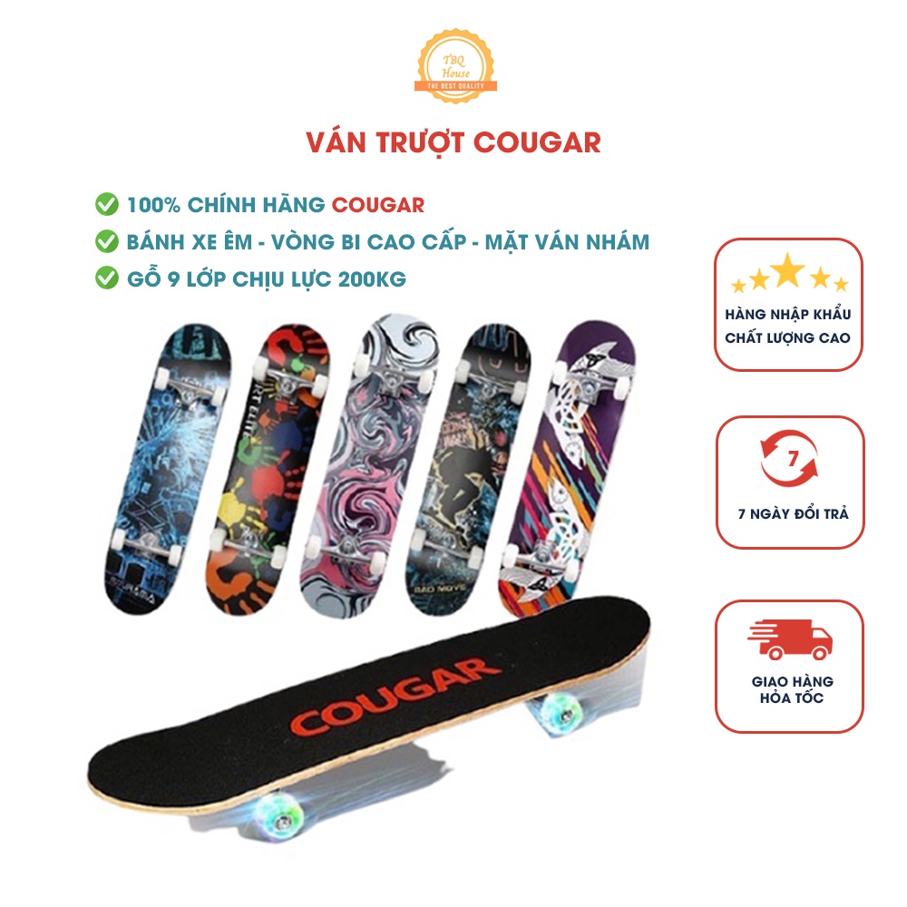 Ván Trượt thể thao, Skateboard Chính Hãng COUGAR Gỗ Ép Cao Cấp 9 Lớp - VTCG