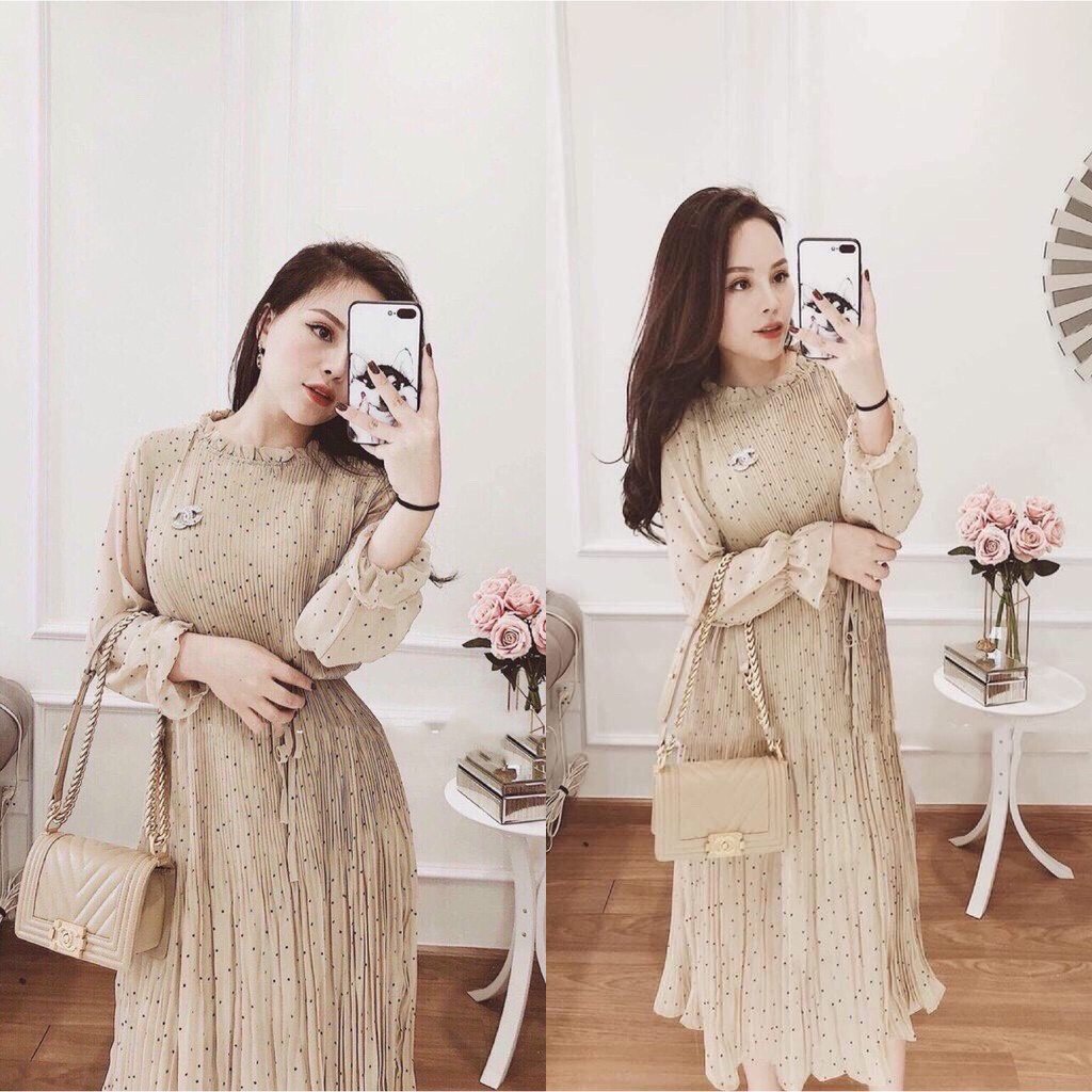 Váy voan chấm bi cổ bèo kèm đai