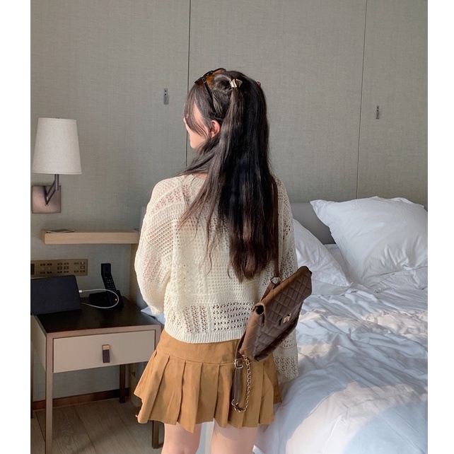 Áo kiểu XIAOZHAINV dáng lửng dệt kim khoét lỗ cổ tròn che nắng thời trang dành cho nữ