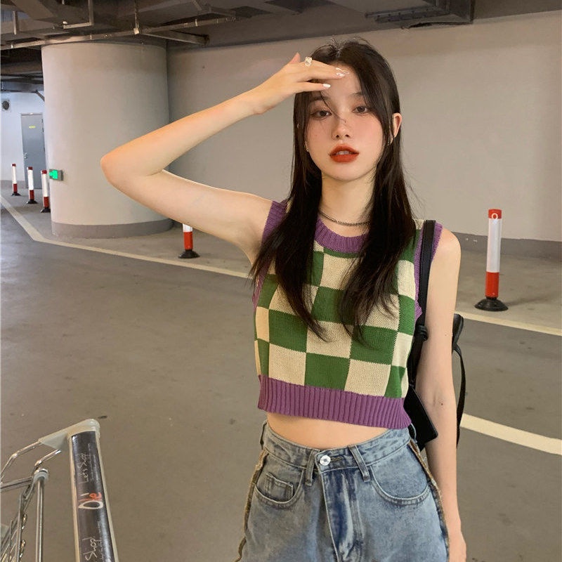 Áo Hai Dây Dệt Kim Họa Tiết Sọc Caro Thời Trang Mùa Hè Cho Nữ