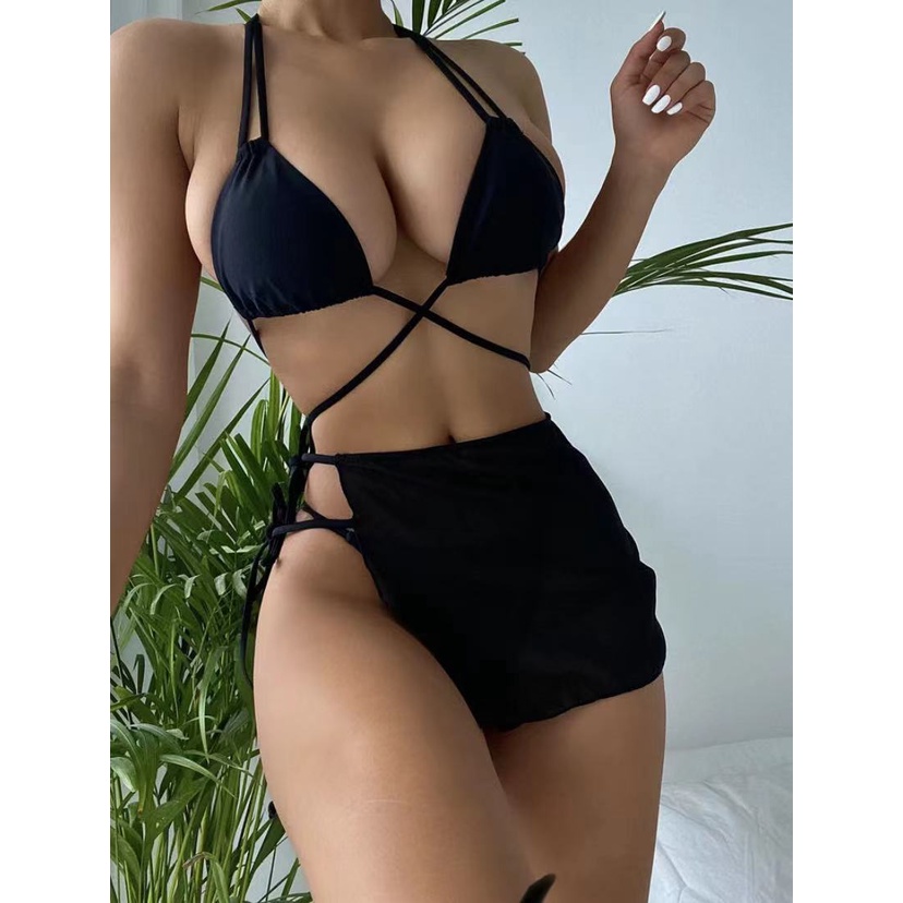 [BKN1511] &lt;ÂU&gt; SET BIKINI 3 MÓN ĐEN ĐAN DÂY EO KÈM CHÂN VÁY NGẮN XẺ TÀ