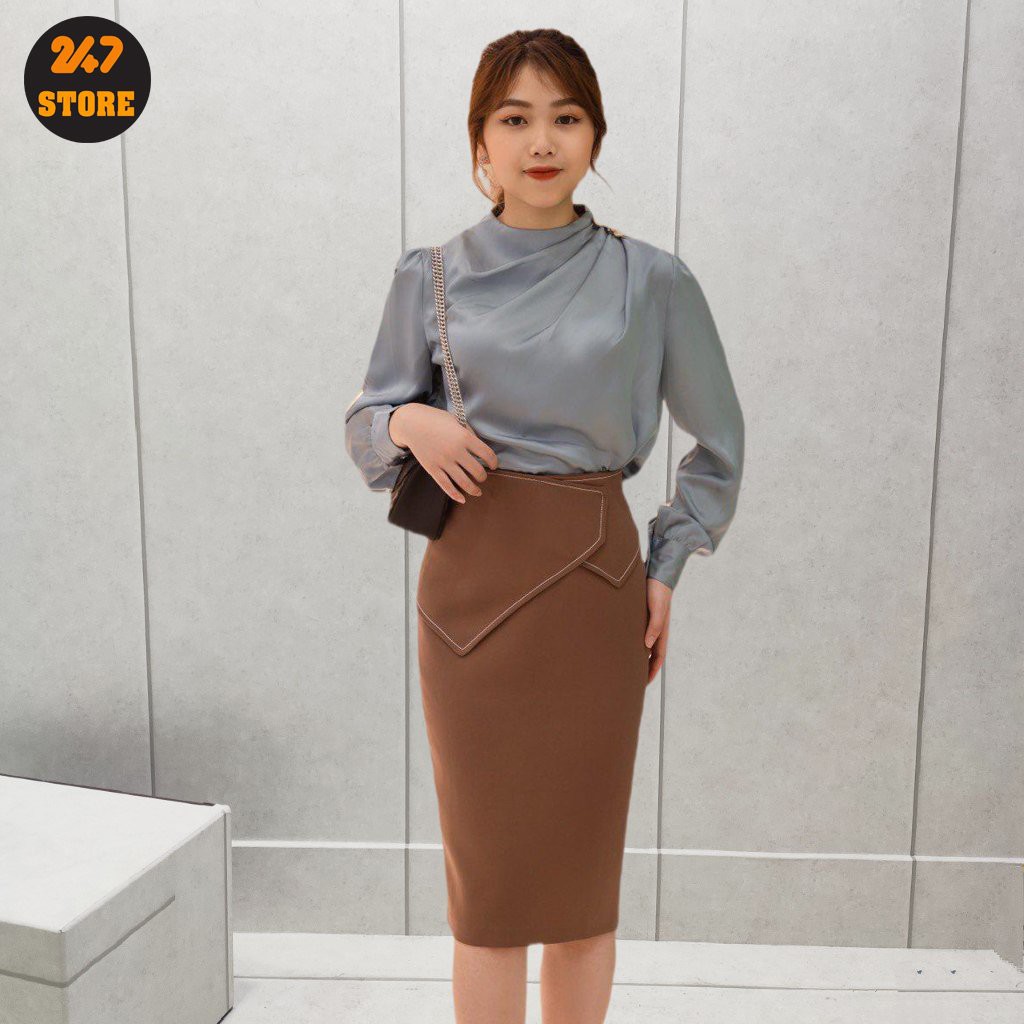 Chân váy bút chì vạt nổi chỉ nổi 2 màu đen nâu 247STORE | BigBuy360 - bigbuy360.vn